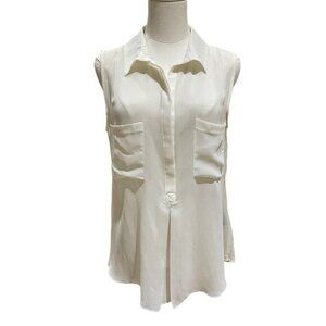BCBG MAX AZRIA Pleated Back Tunic Top Buttoned Tank Top Ivory Blouse Sz M